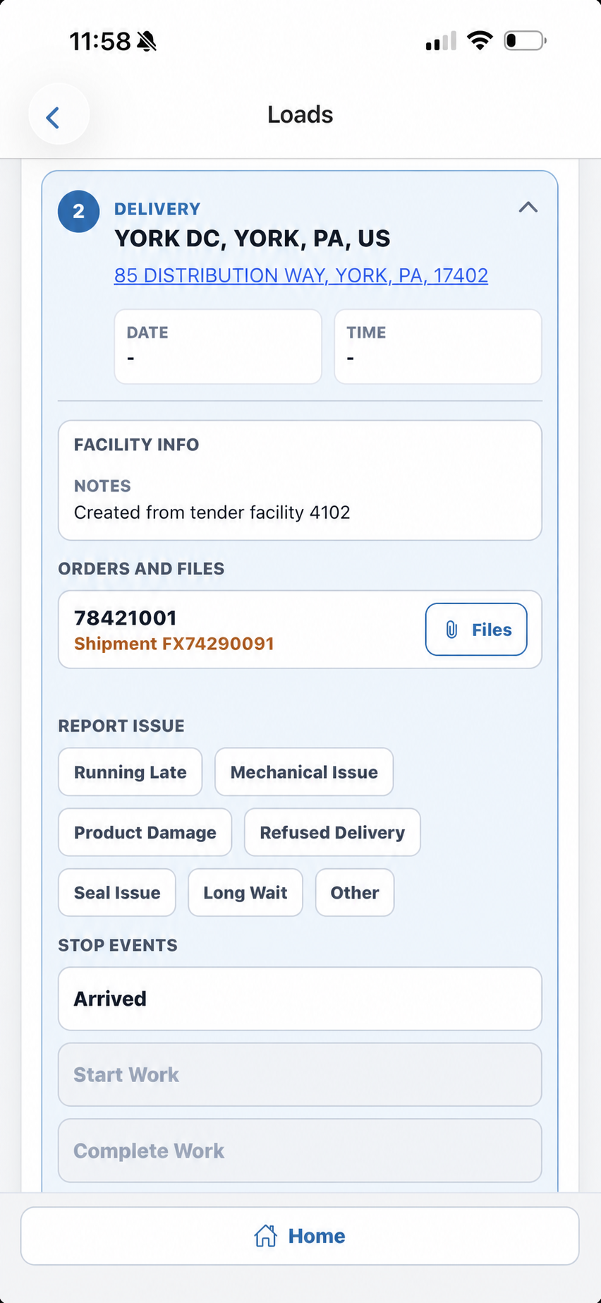 DockDash driver delivery-stop interface with fictional shipment data