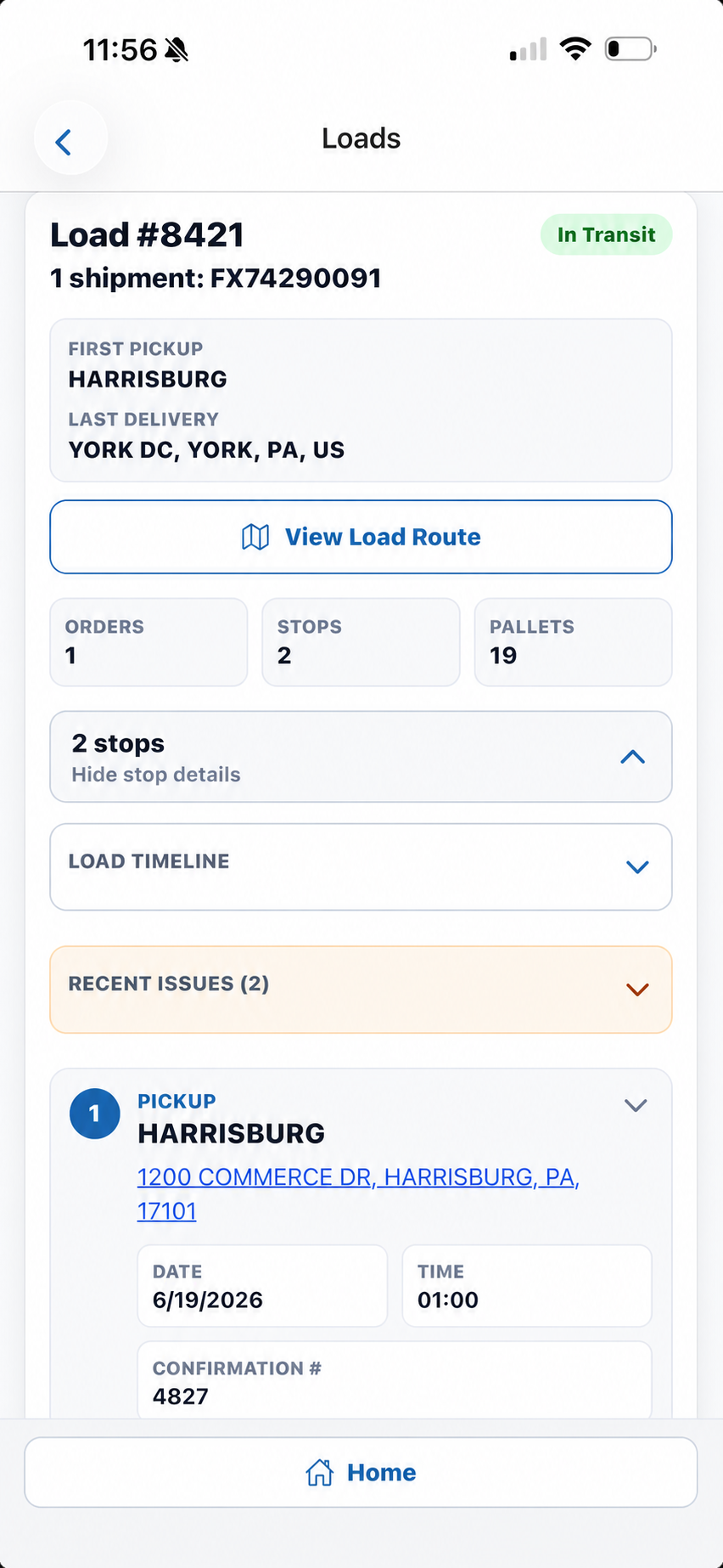 DockDash driver active-load interface with fictional shipment data
