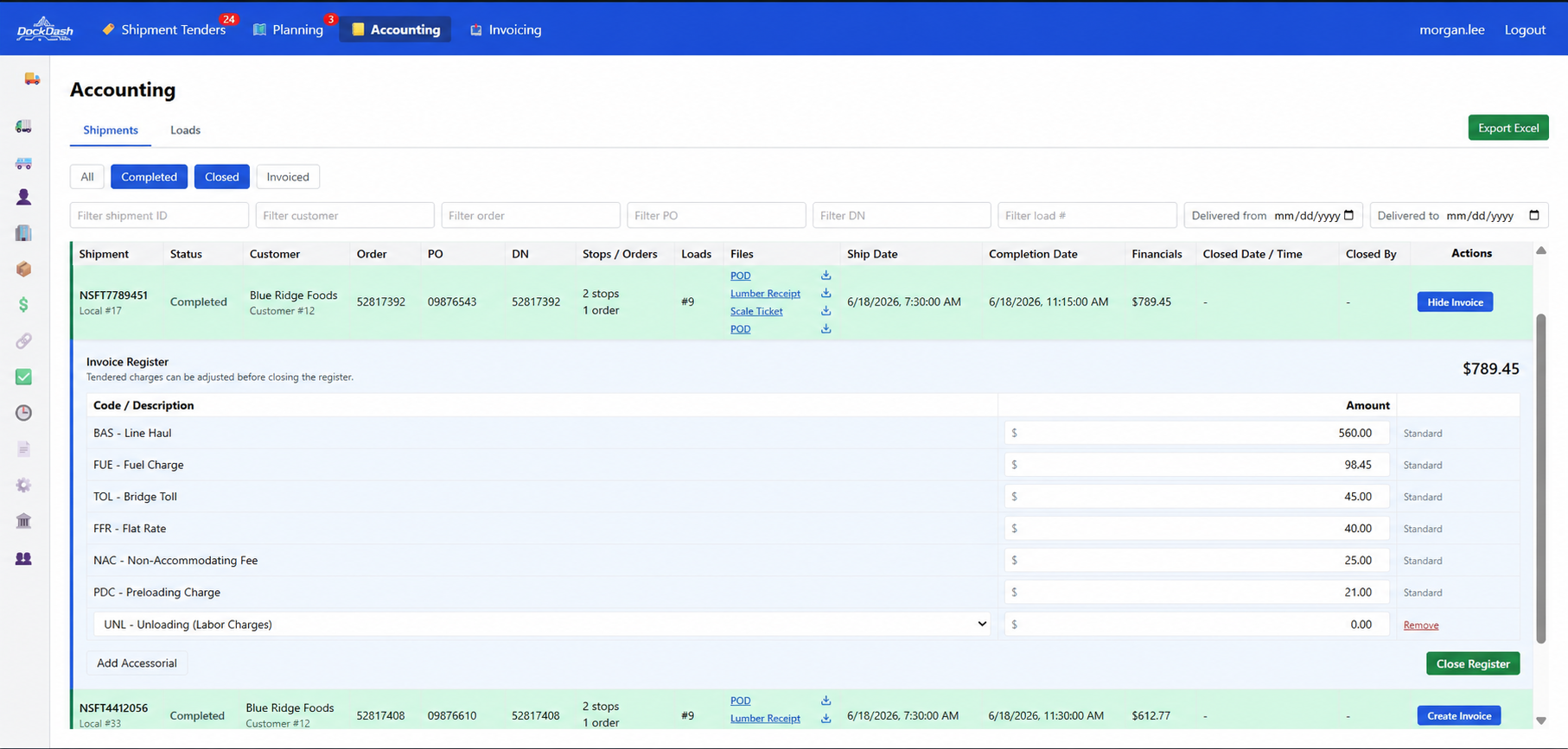 DockDash accounting interface with fictional Blue Ridge Foods data