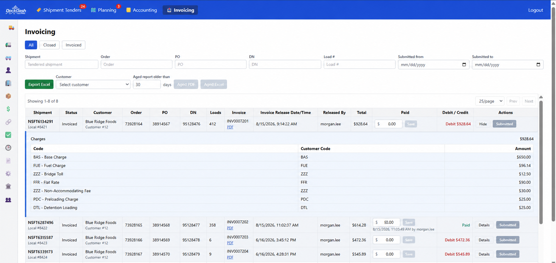 DockDash invoicing interface with fictional Blue Ridge Foods data