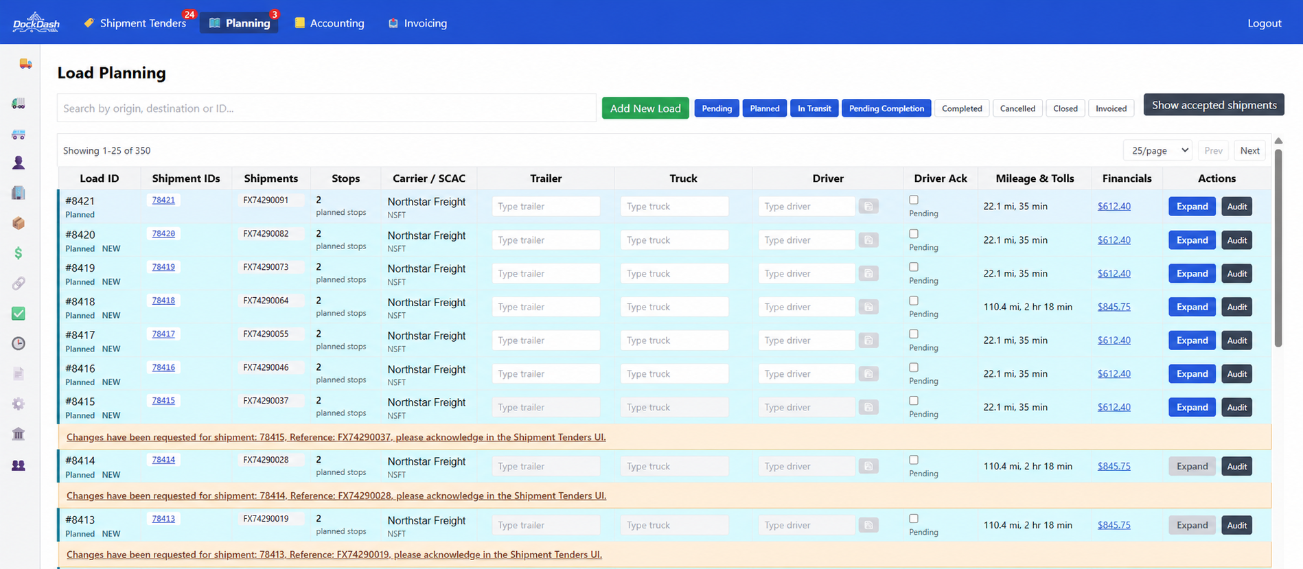DockDash Load Planning interface showing fictional Northstar Freight loads