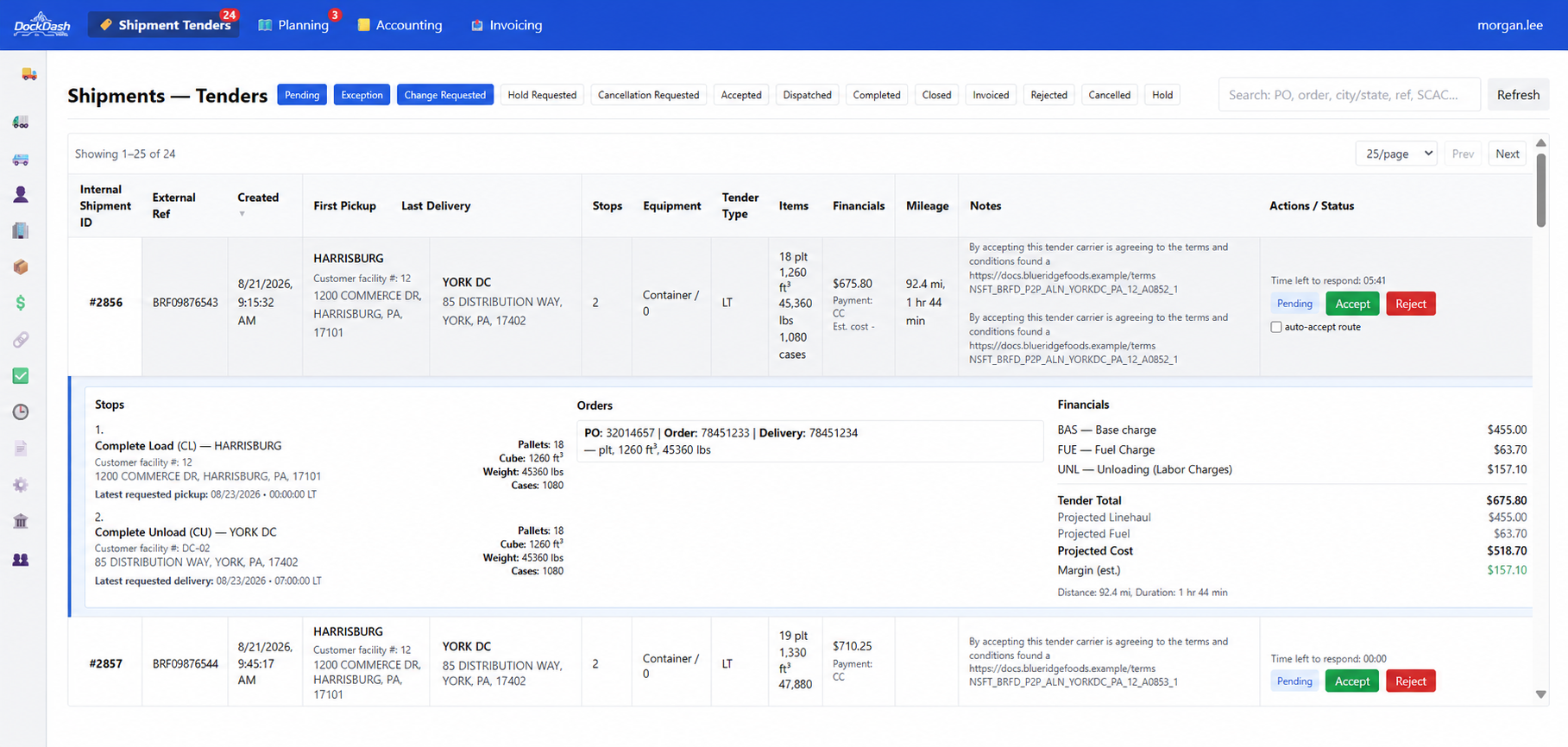 DockDash shipment tender interface with fictional Blue Ridge Foods data